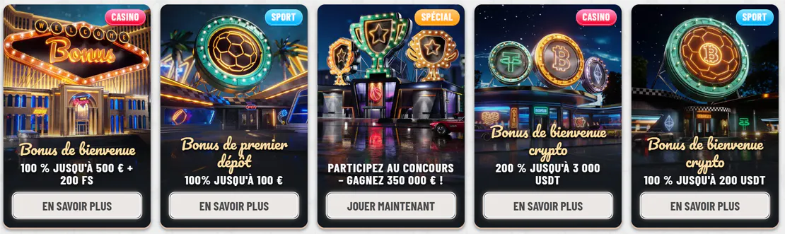 Offres promotionnelles de Wyns Casino avec bonus de bienvenue de 100 % jusqu'à 500 € et 200 tours gratuits, bonus sportif, concours et offres crypto